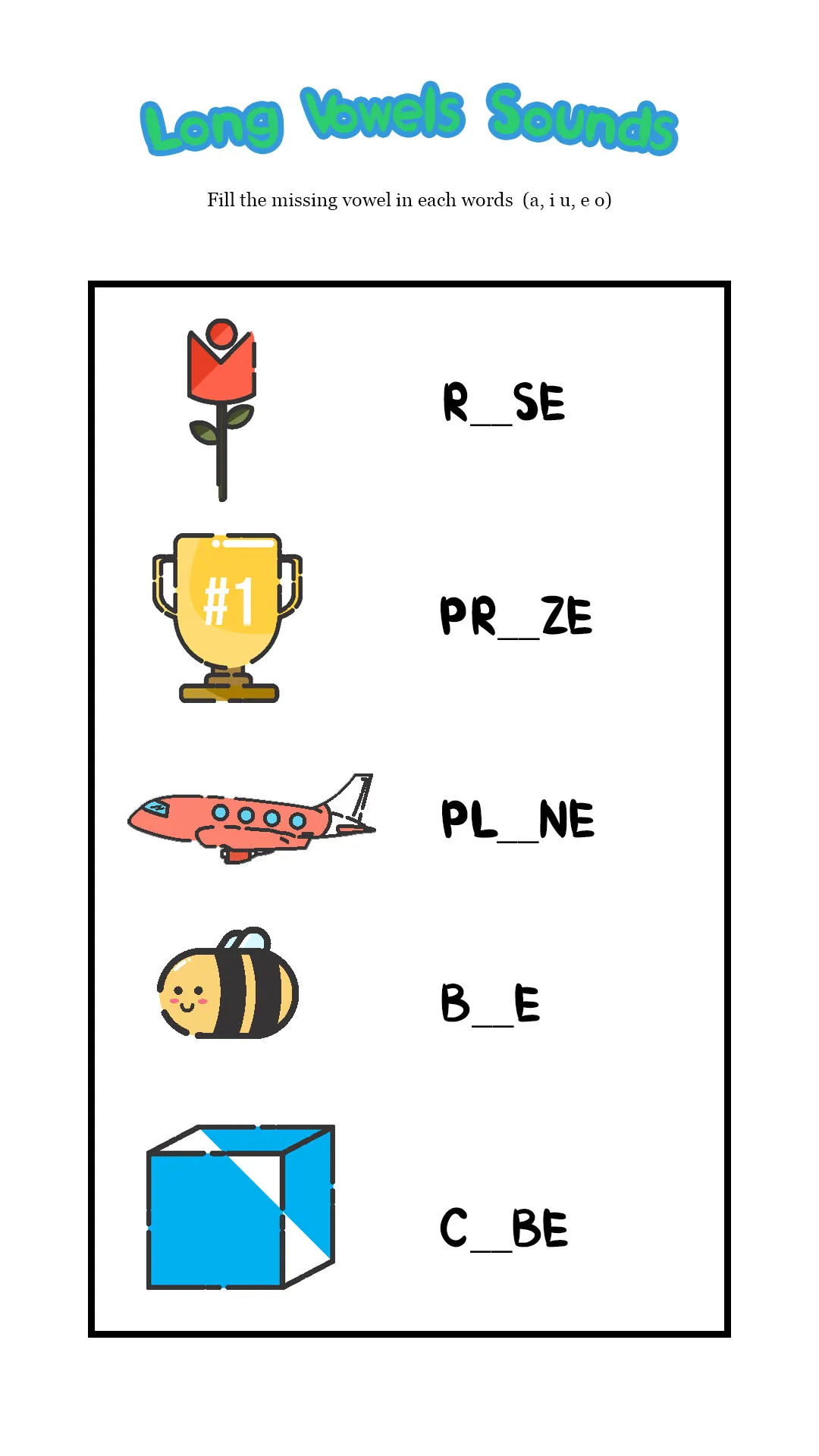 Kindergarten worksheet for practicing short vowel sounds by filling in missing letters