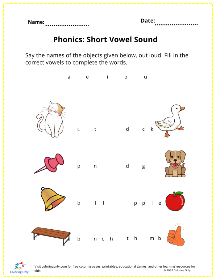 First grade color by short vowel sound activity with pictures and color-coded vowel sounds