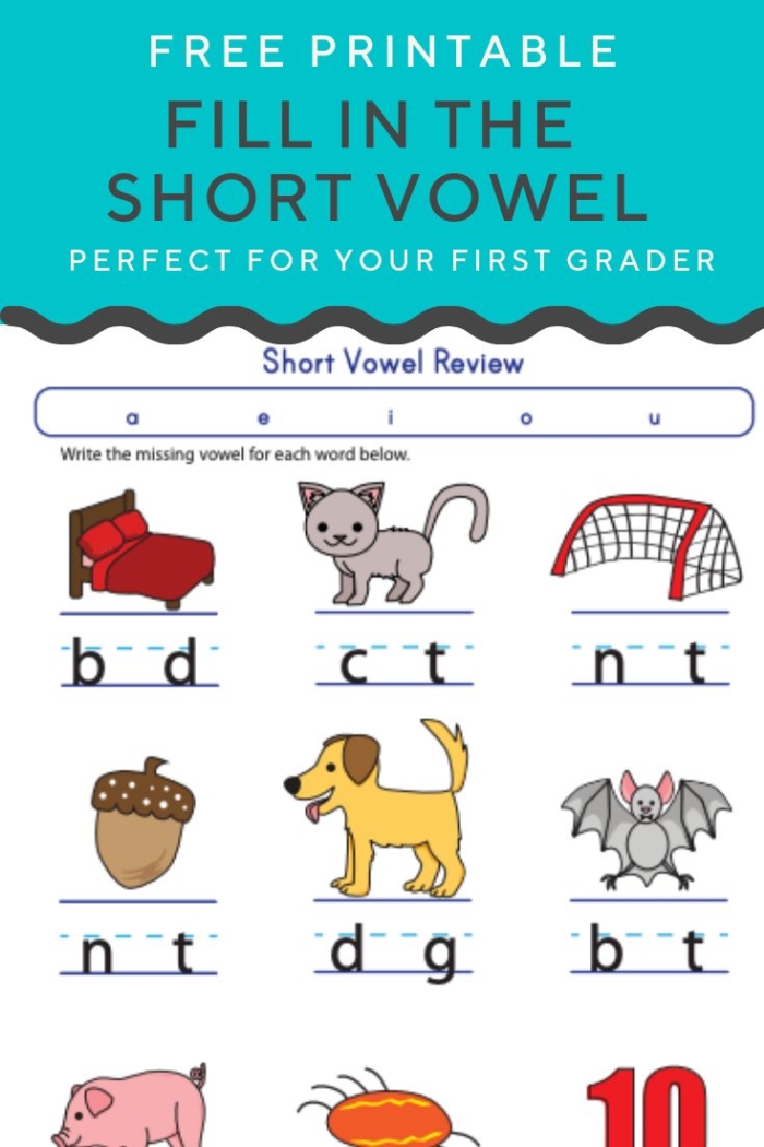 Kindergarten student completing a missing short vowel exercise on a geometry themed worksheet
