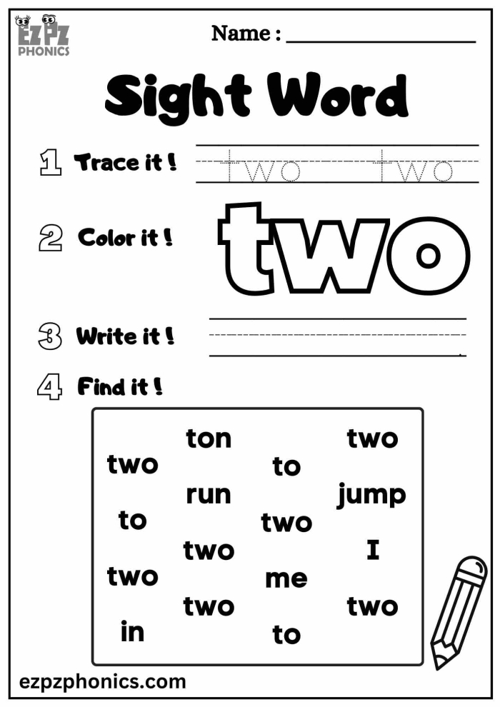 Spruce Up the Sight Word Two Worksheet for Pre-K Students Part Two Pre-K worksheet featuring creative activities to help students practice writing and identifying the sight word two