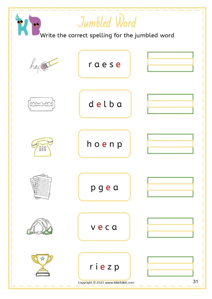 Kindergarten student practicing writing and sounding out words with silent e on a printable worksheet