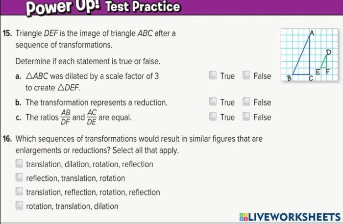 Eighth grade geometry worksheet featuring two similar figures and transformation practice problems