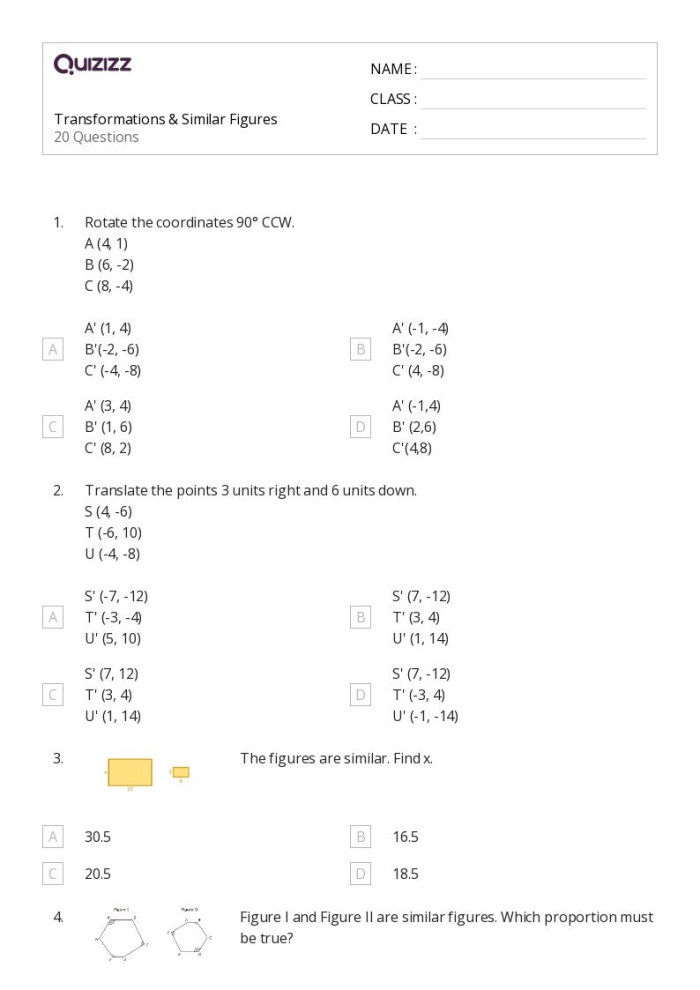 Two eighth-grade students working through transformation problems on a geometry worksheet about similar figures