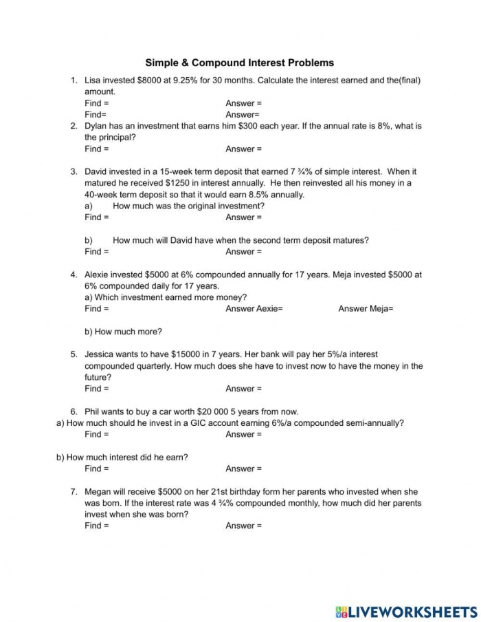 Seventh grade student solving simple interest word problems on a math worksheet with financial calculations
