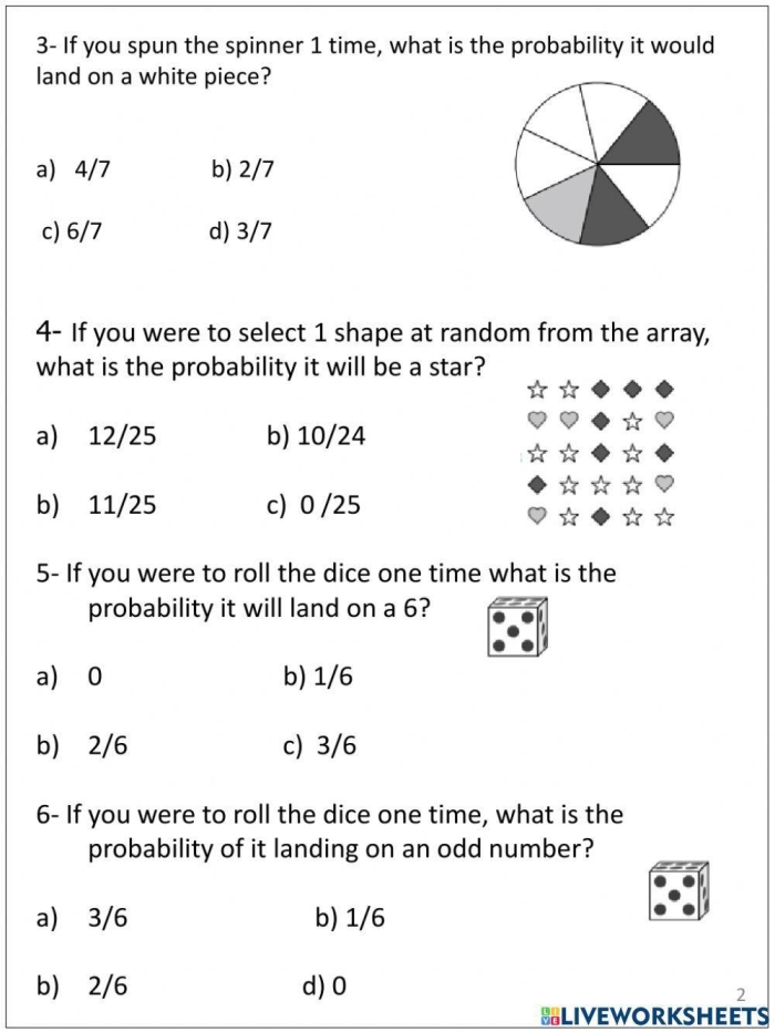 Seventh grade math worksheet featuring practice problems on calculating the probability of simple events in everyday situations