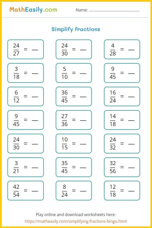 Fifth grade math worksheet focused on simplifying fractions and solving improper fraction equations