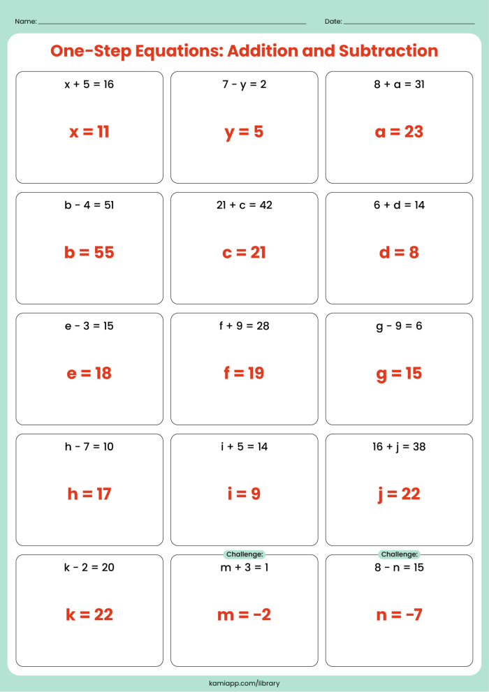 One-step addition and subtraction equations worksheet for sixth graders