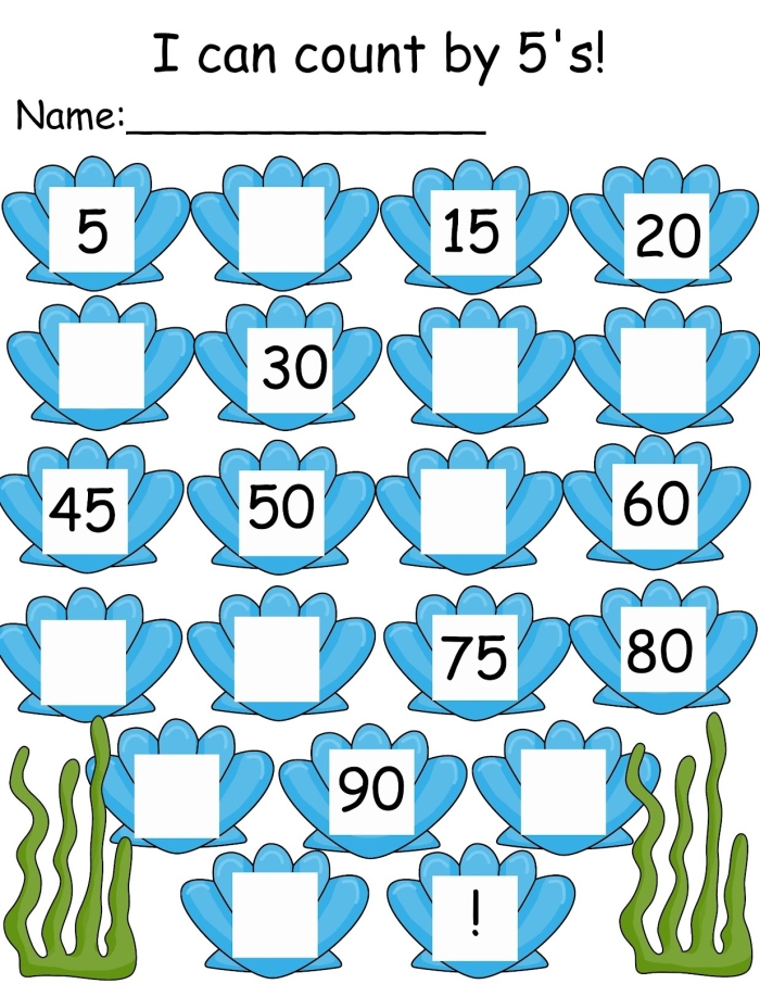 First grade math worksheet for counting by fives up to 100