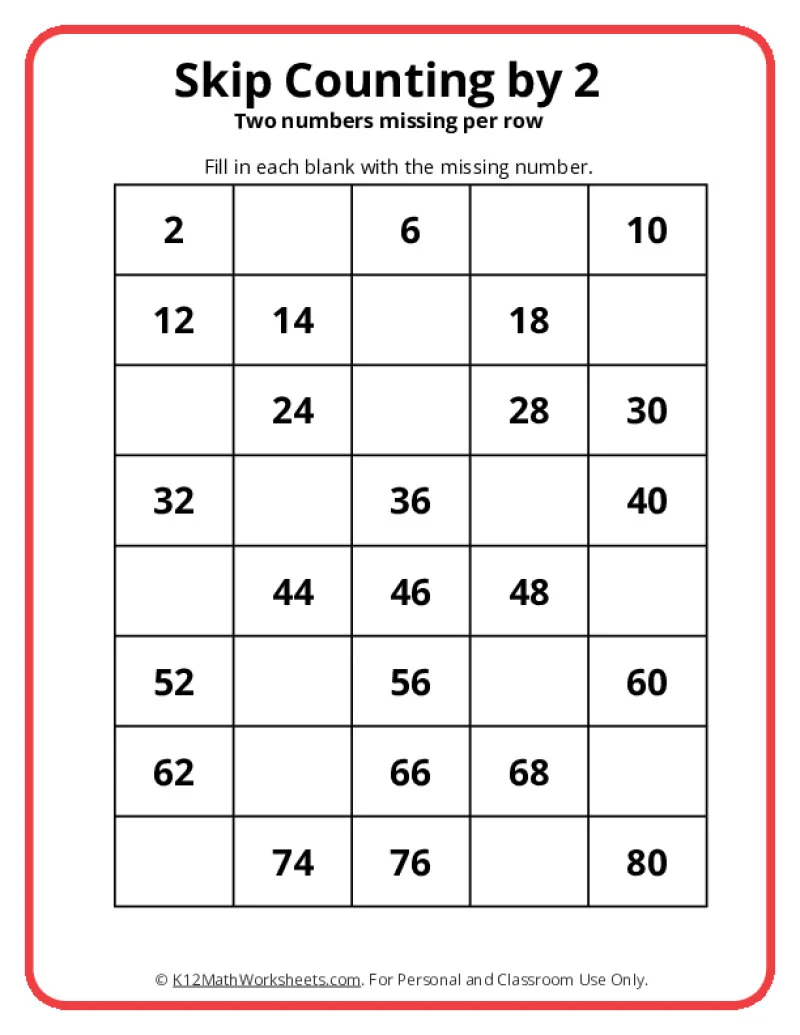 First grade students skip counting by twos on an algebra practice worksheet