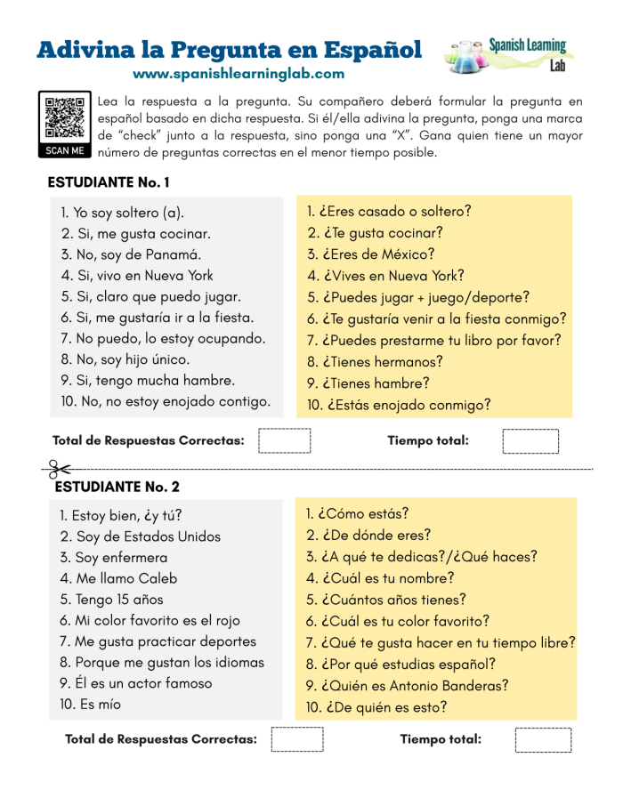 Fourth grade Spanish worksheet showing how to ask and answer questions with common Spanish question words and example sentences