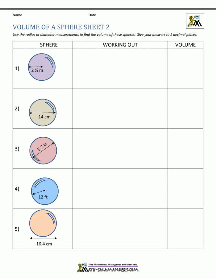 Volume of Spheres Worksheet for Mixed Operations Grade 8 Worksheet illustrating the volume calculation of spheres for eighth-grade students
