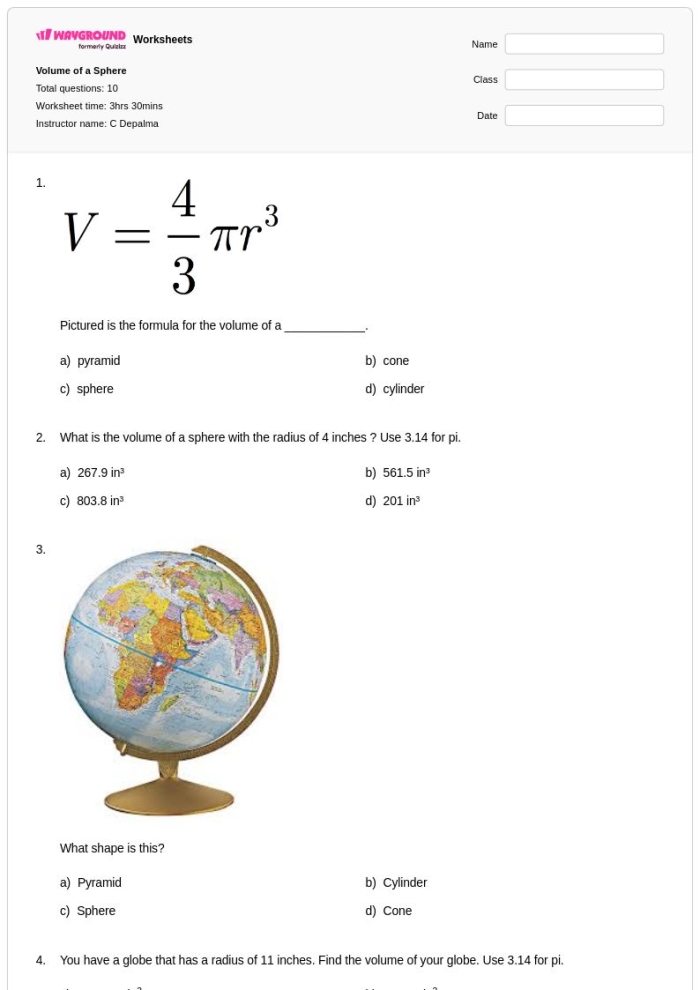 Volume of Spheres Worksheet Number 12 for 8th Grade Math Practice Eighth grade geometry worksheet featuring practice problems on calculating the volume of spheres with mixed operations