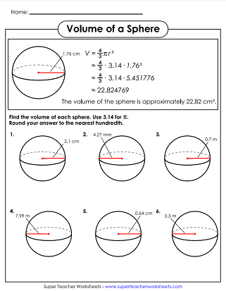 Volume of Spheres Worksheet Eighth Grade Geometry Practice 8 Eighth grade math worksheet showing geometry problems focused on calculating the volume of spheres