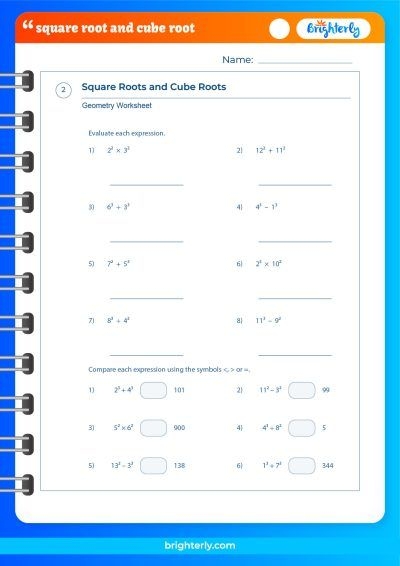 Eighth grade math worksheet focusing on calculating square roots of perfect squares and cube roots of perfect cubes