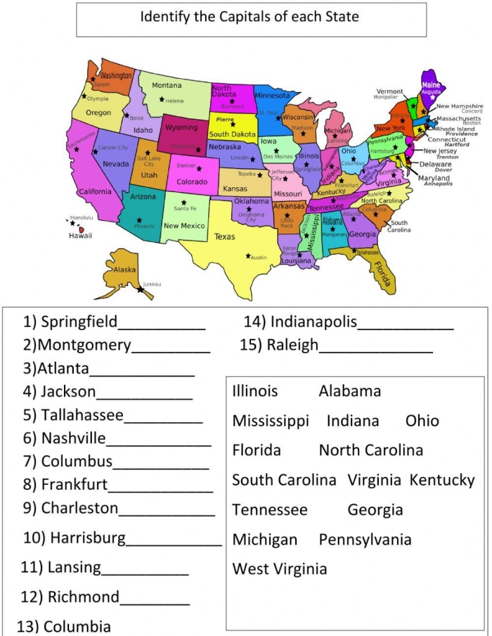 Fifth grade student writing state capitals on a geography worksheet