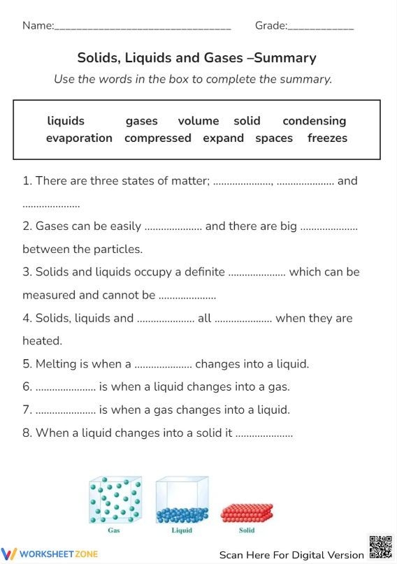 Worksheet for identifying solid, liquid, and gas states of matter for second graders