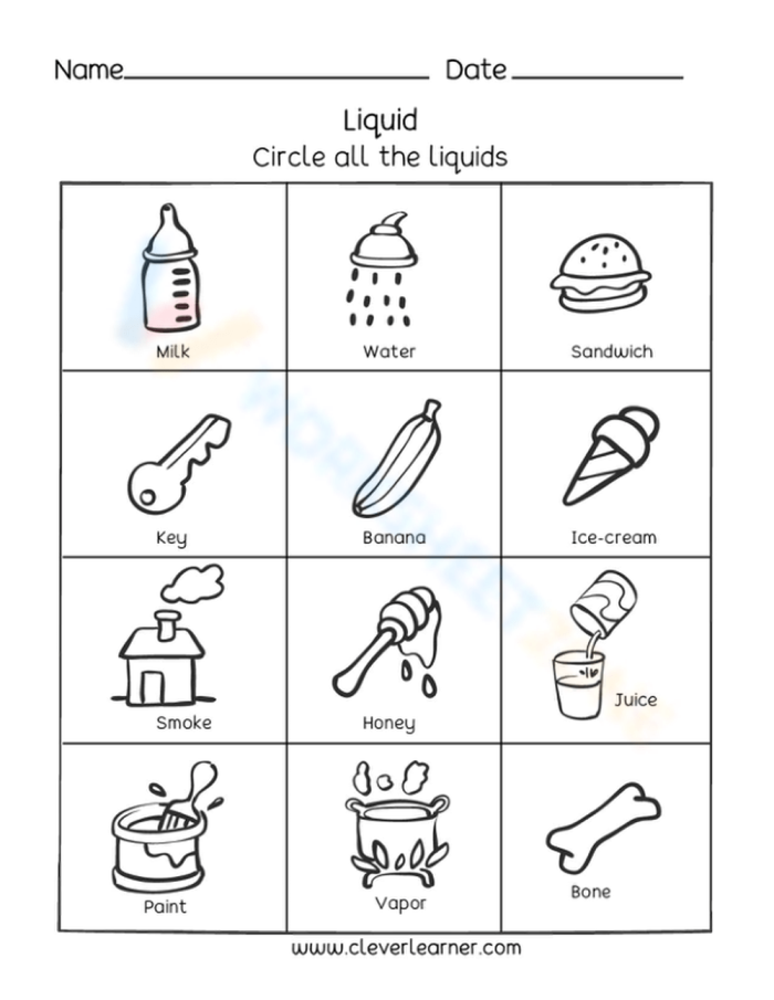 Second grade science worksheet focused on identifying objects as solid, liquid, or gas