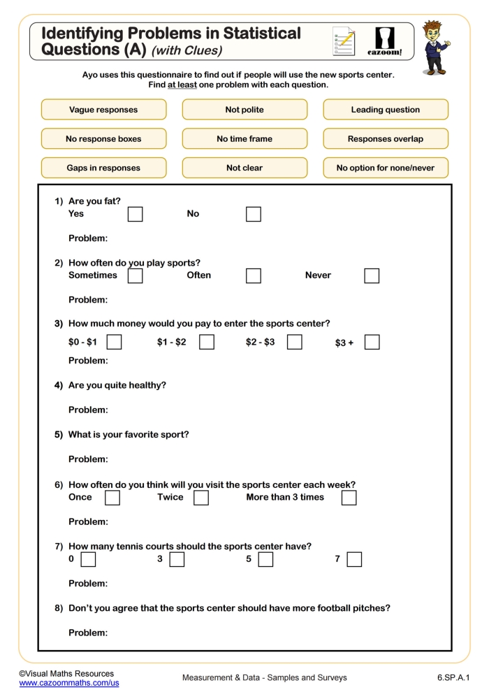 Recognizing Statistical Questions Worksheet 22 Sixth grade math worksheet for identifying statistical and non-statistical questions