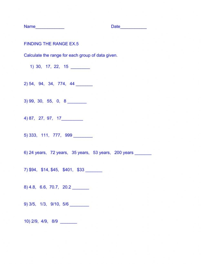 Finding the Range Math Worksheet 25 for Middle School Data Analysis Practice Sixth grade math worksheet showing range problems with number sets and data examples for students learning statistics
