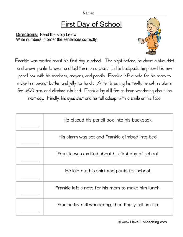 Second grade student completing a sequence of events worksheet about story order