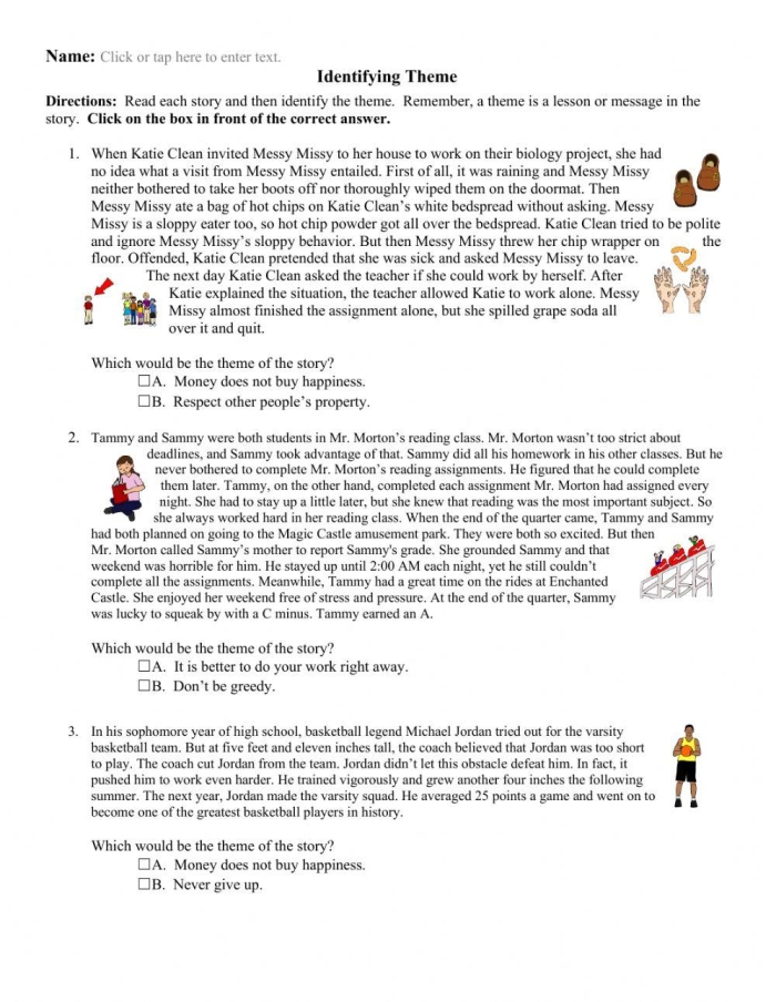 Fourth grade students practice identifying the theme of a short story with this multiplication themed reading worksheet