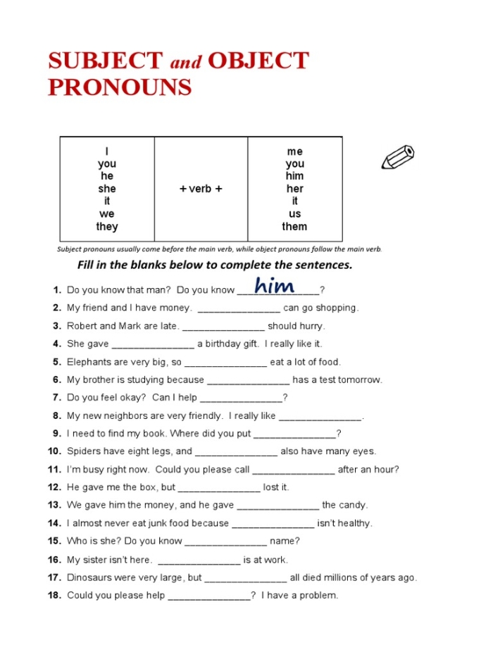 Second grade student practicing subject and object pronouns on a grammar worksheet