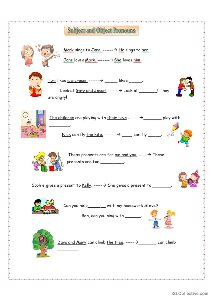 Second grade students practice identifying and selecting correct subject and object pronouns to complete sentences on this grammar worksheet