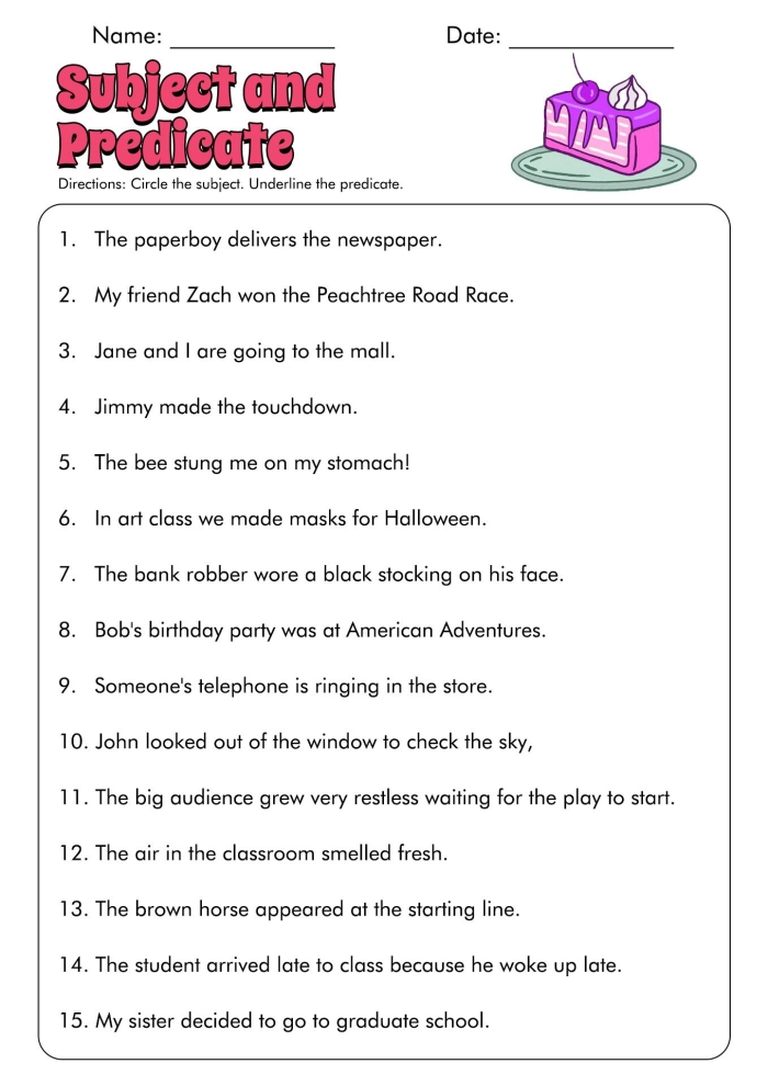 Subject and Predicate Worksheet for Third Grade Language Arts Practice Third grade student identifying the subject and predicate in a sentence on a printable worksheet
