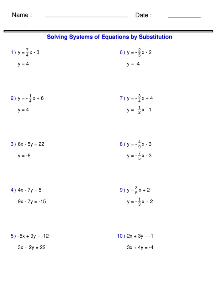 Eighth grade math worksheet focusing on substitution methods for linear equations