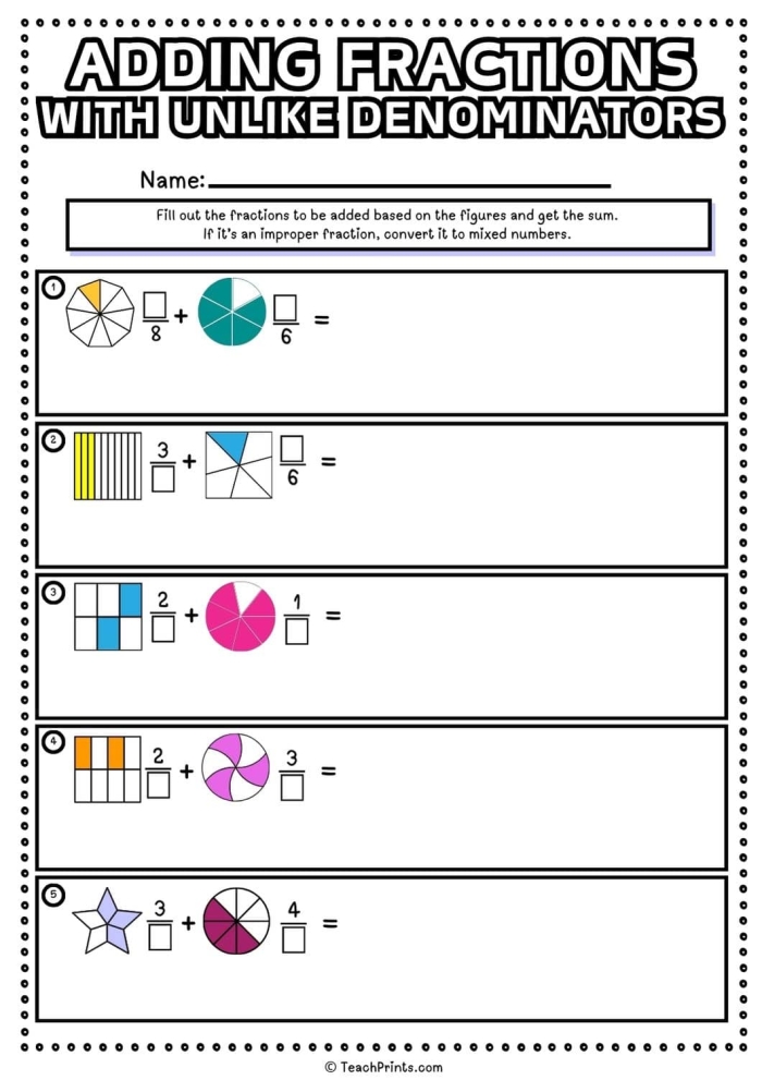 Fifth grade math worksheet showing step-by-step examples of subtracting fractions that have different denominators with visual fraction models