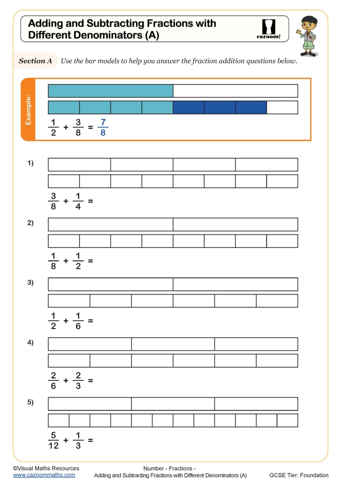 Subtracting Fractions With Unlike Denominators Practice Problems for Elementary Students Fifth grade math worksheet showing step-by-step instructions for subtracting fractions that have different denominators with visual fraction models
