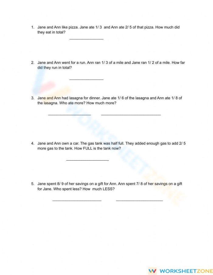 Fifth grade math worksheet featuring practice problems for subtracting fractions with unlike denominators