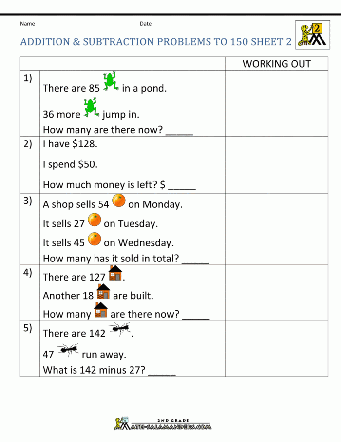 Colorful worksheet featuring two-digit subtraction word problems with playful animals