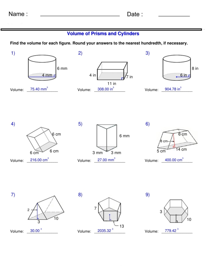 Sixth grade geometry worksheet displaying math problems for calculating the surface area of rectangular and triangular prisms
