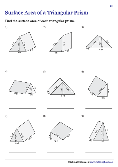 Worksheet for calculating surface areas of prisms for sixth-grade geometry