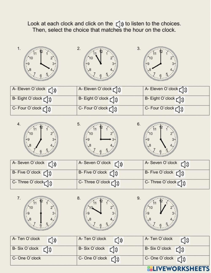 Reading Clocks Practice Exercise 20 for Elementary Math Learners Second grade reading clocks worksheet activity showing analog clocks for students to practice telling time