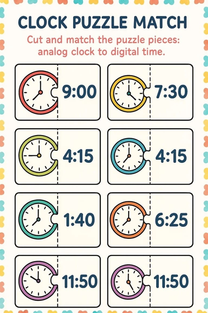 Second grade student completing a match the clocks worksheet activity to practice telling time