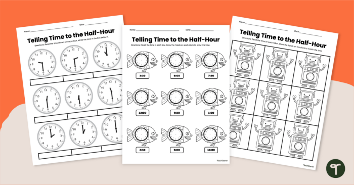 Half Hour Match-Up worksheet for first graders to practice telling time