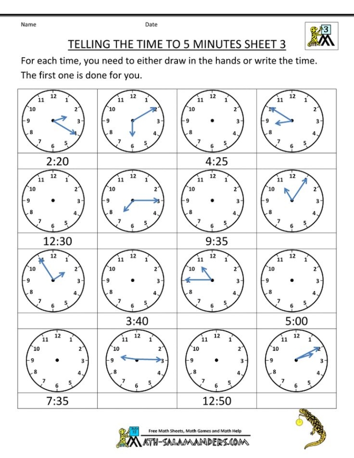 Second grade math worksheet for practicing how to tell time to the nearest five minutes