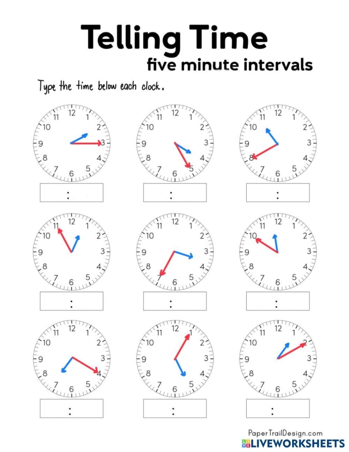 Second grade math worksheet for practicing how to tell time to the nearest five minutes