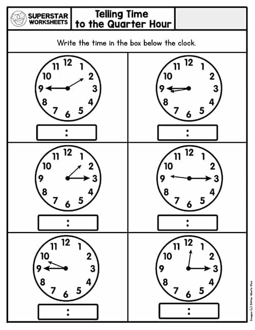 Quarter Hour worksheet for second graders to practice telling time