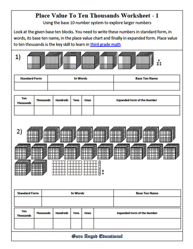 Fourth grade student practicing place value calculations up to the ten thousands column on a math worksheet