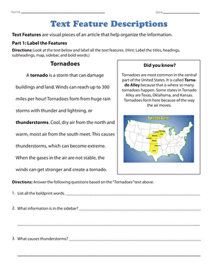 Third grade student completing a text feature descriptions practice worksheet