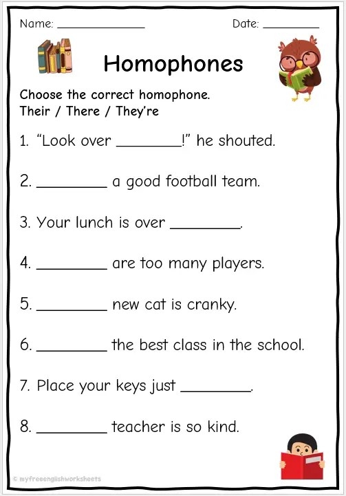 Second grade grammar worksheet showing exercises to distinguish between there, their, and they're with practice sentences and fill-in-the-blank activities