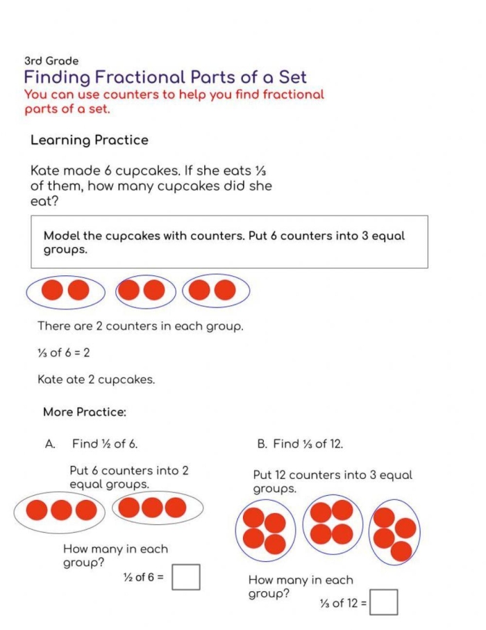 Colorful spring-themed worksheet showcasing fractions of a set for third graders