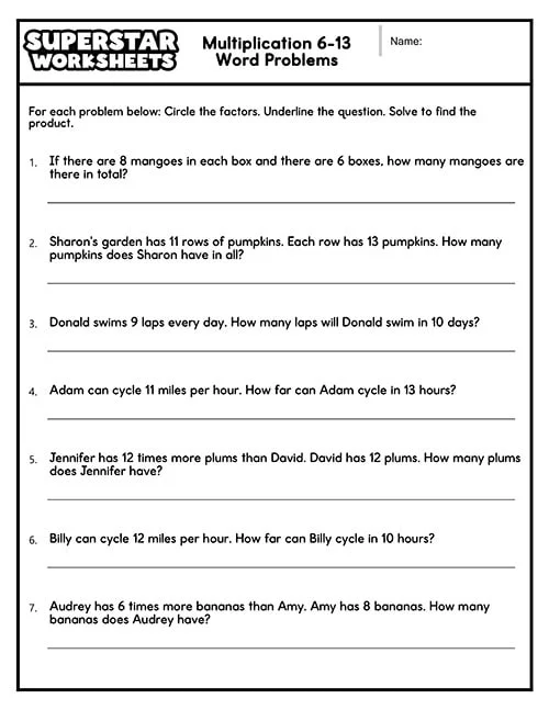 Children engaging with a multiplication word problems worksheet for third grade math