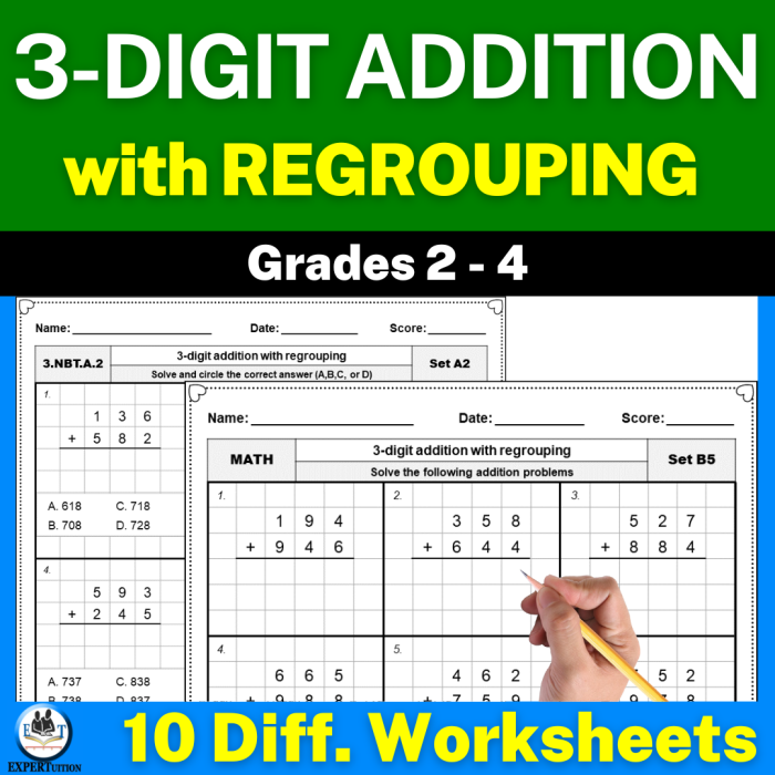 Colorful worksheet for third graders featuring three-digit addition problems with regrouping related to coral reefs