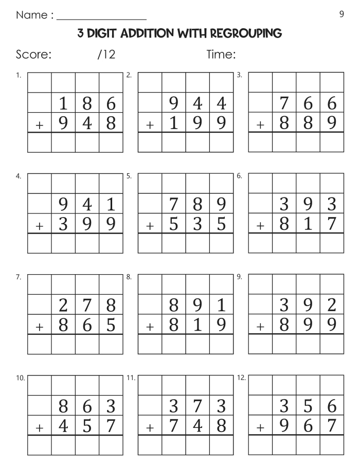 Third grade math worksheet featuring thirty-six three-digit addition problems with regrouping