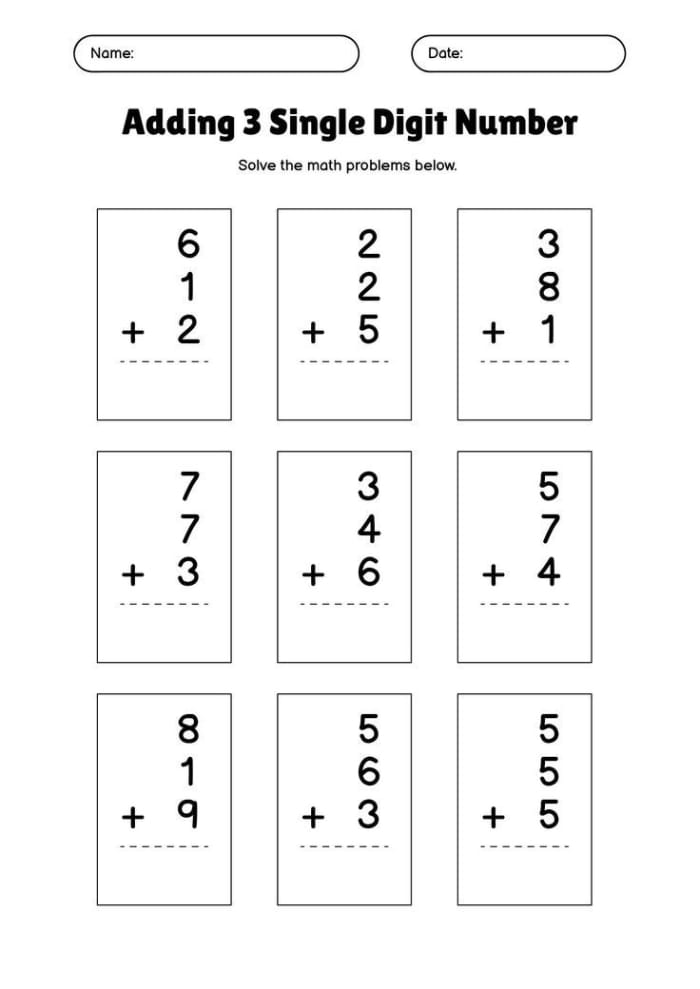 Third grade math worksheet for practicing addition of three-digit numbers up to 1000