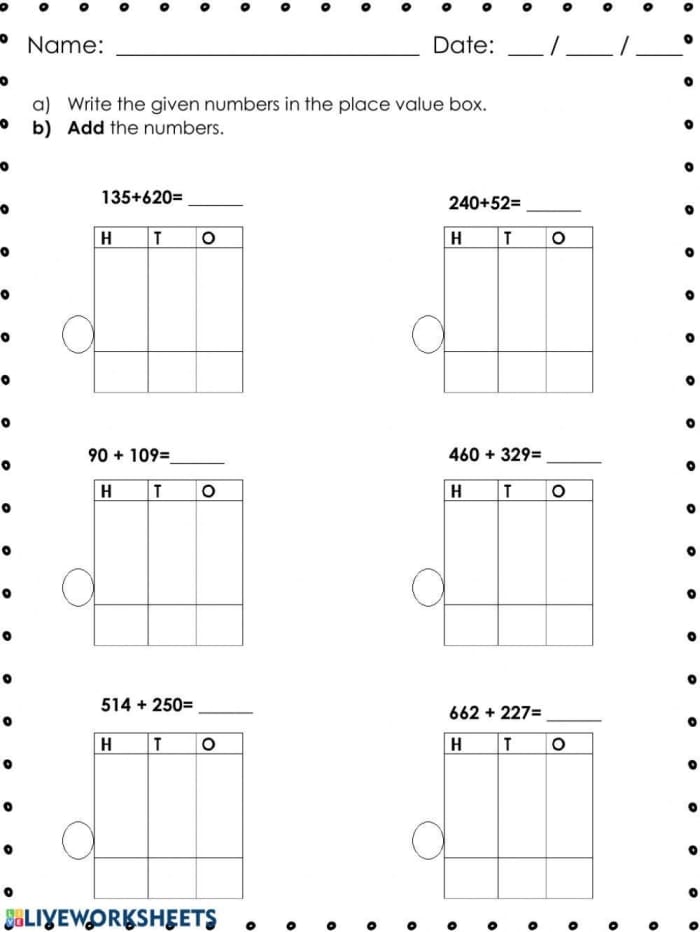 Worksheet for practicing the addition of three-digit numbers under 1,000